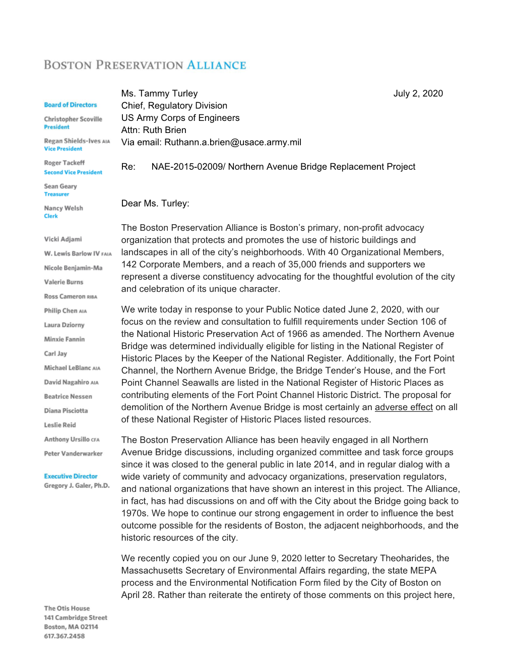 Ms. Tammy Turley July 2, 2020 Chief, Regulatory Division US Army Corps of Engineers Attn: Ruth Brien Via Email: Ruthann.A.Brien@Usace.Army.Mil