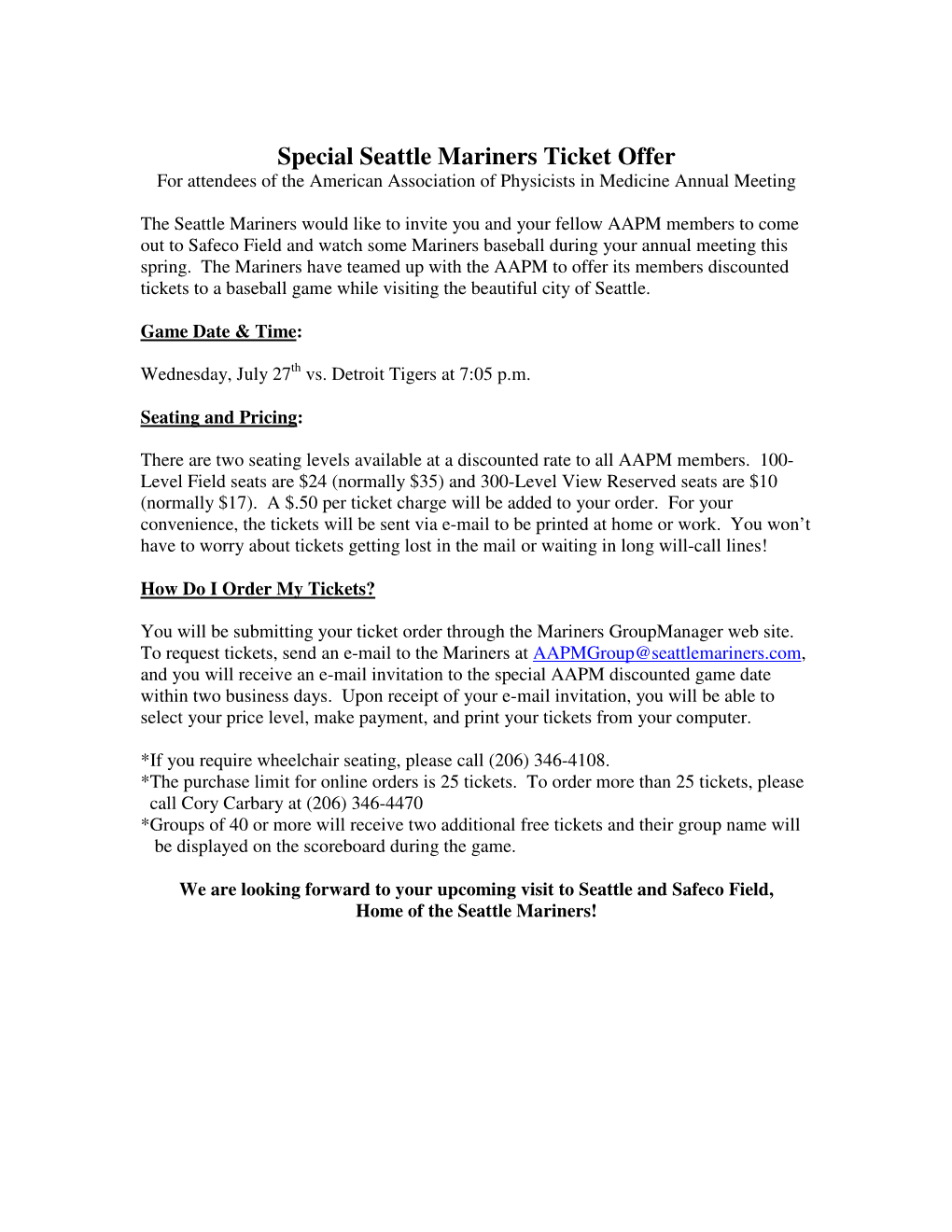 Special Seattle Mariners Ticket Offer for Attendees of the American Association of Physicists in Medicine Annual Meeting