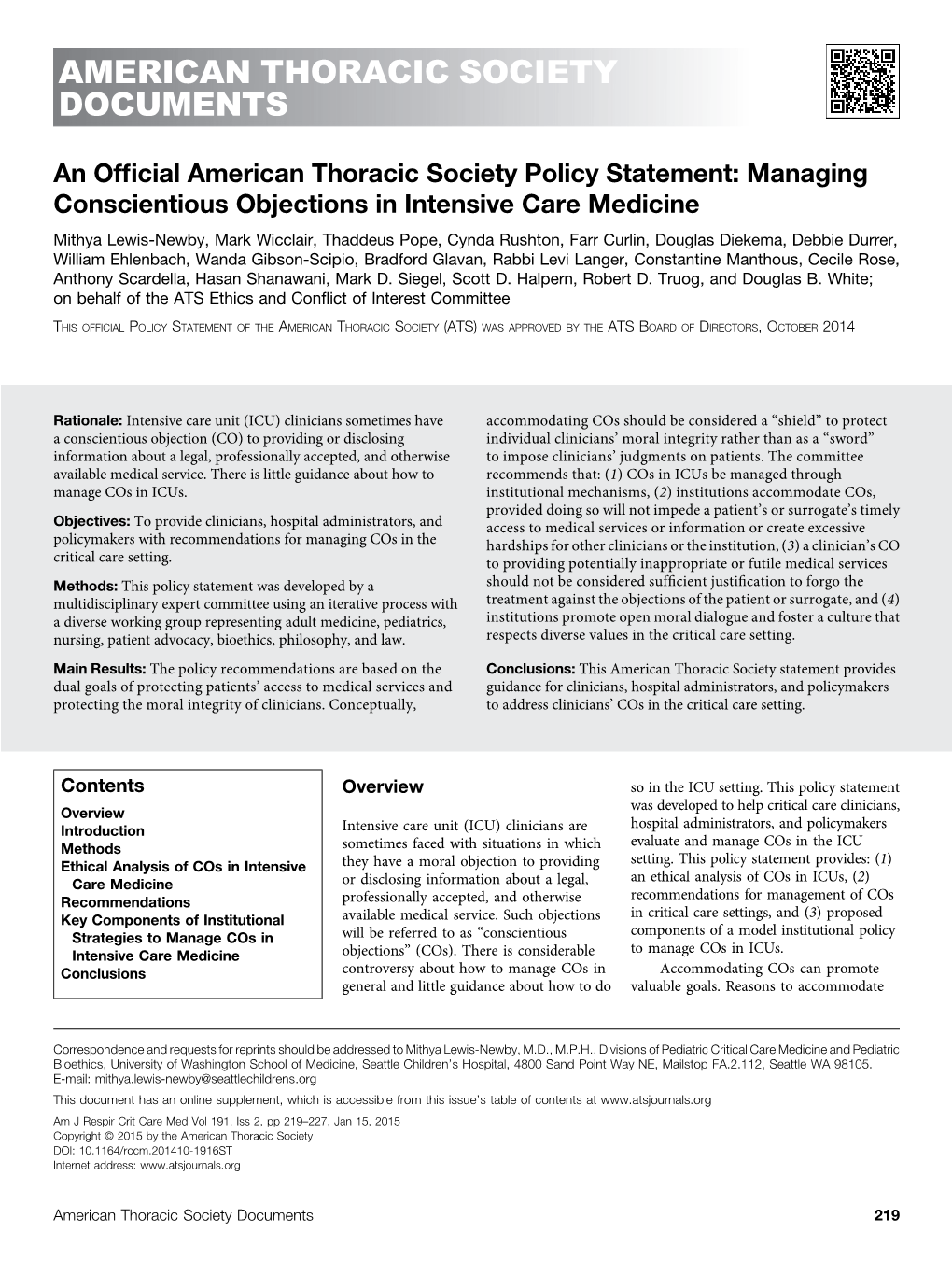 An Official American Thoracic Society Policy Statement: Managing Conscientious Objections in Intensive Care Medicine