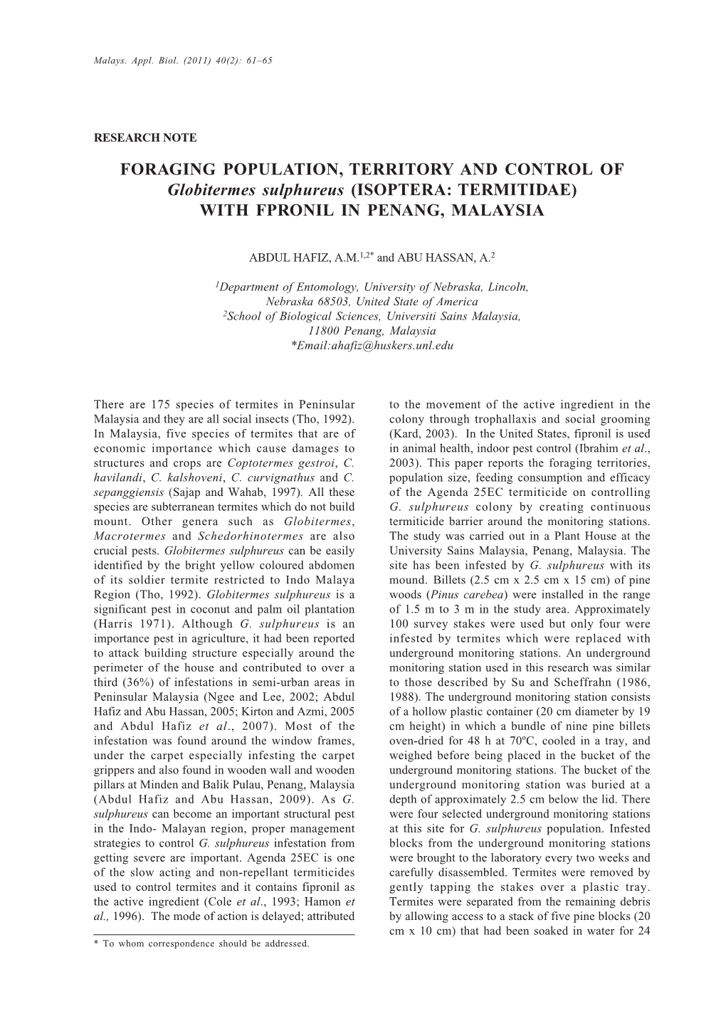 61–65 TERRITORY and CONTROL of Globitermes Sulphureus with FPRONIL 61