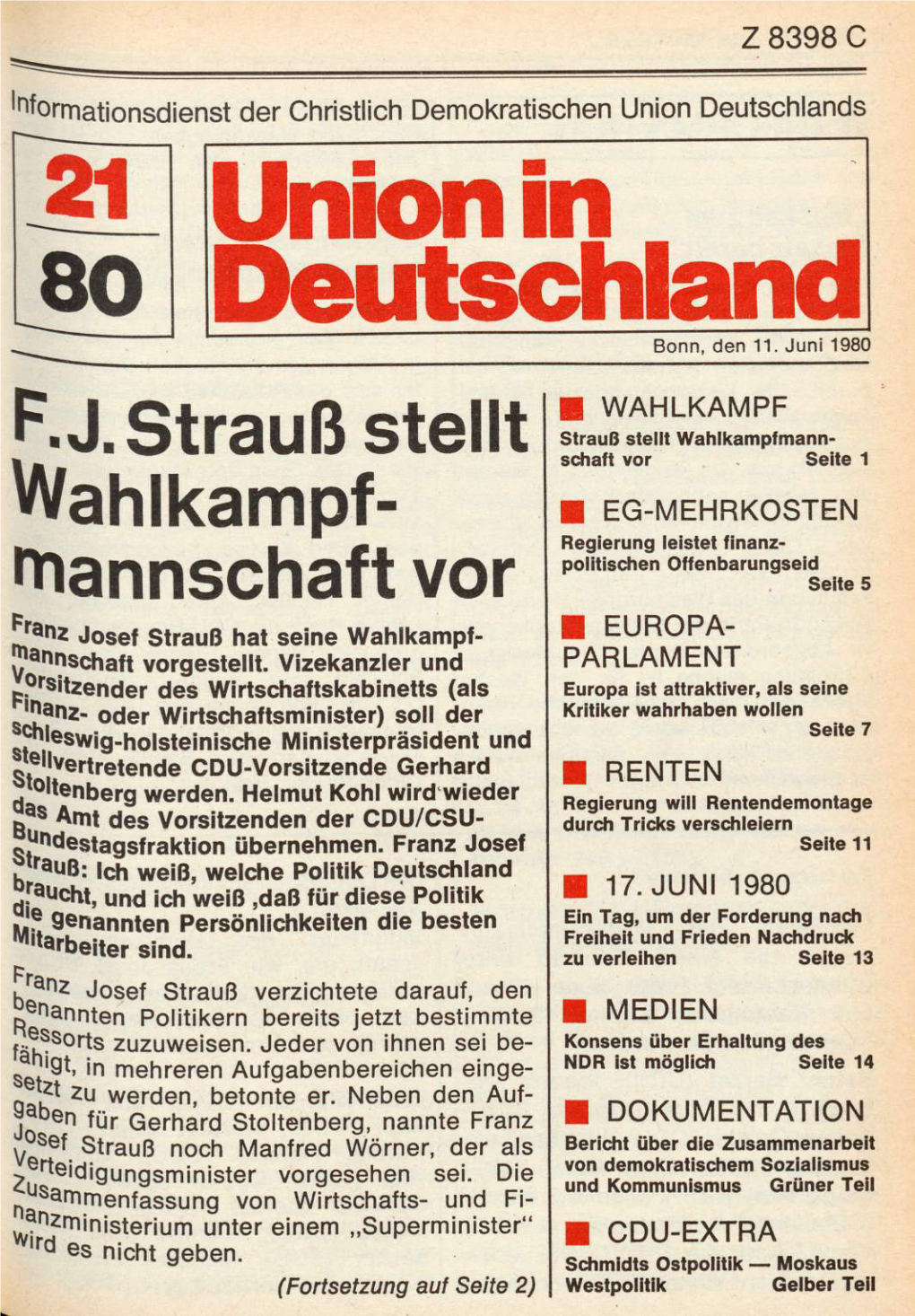 UID 1980 Nr. 21, Union in Deutschland