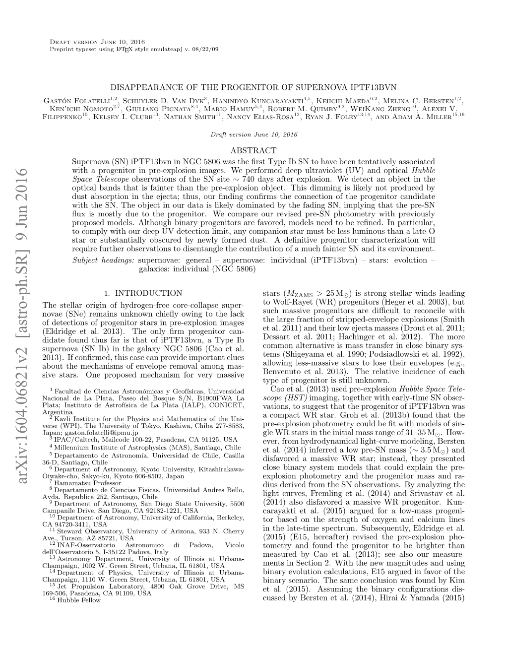 DISAPPEARANCE of the PROGENITOR of SUPERNOVA IPTF13BVN Gaston´ Folatelli1,2, Schuyler D