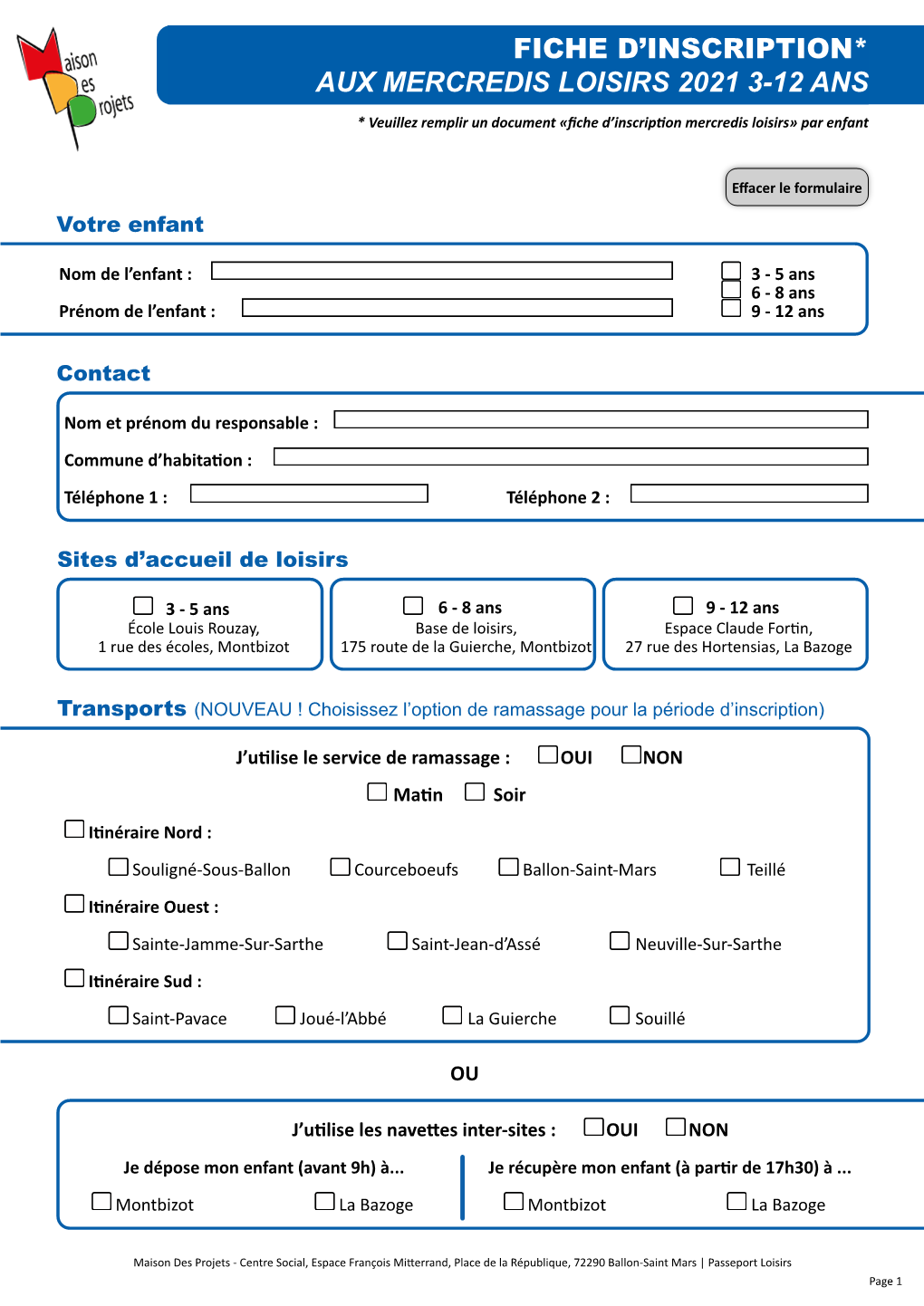 Fiche D'inscription Aux Mercredis Loisirs