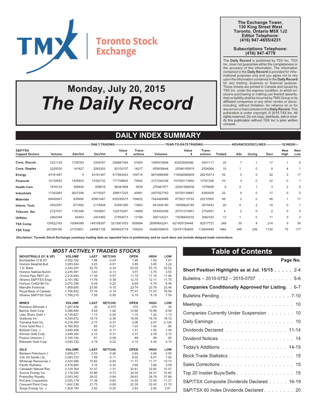 The Daily Record Is Published by TSX Inc