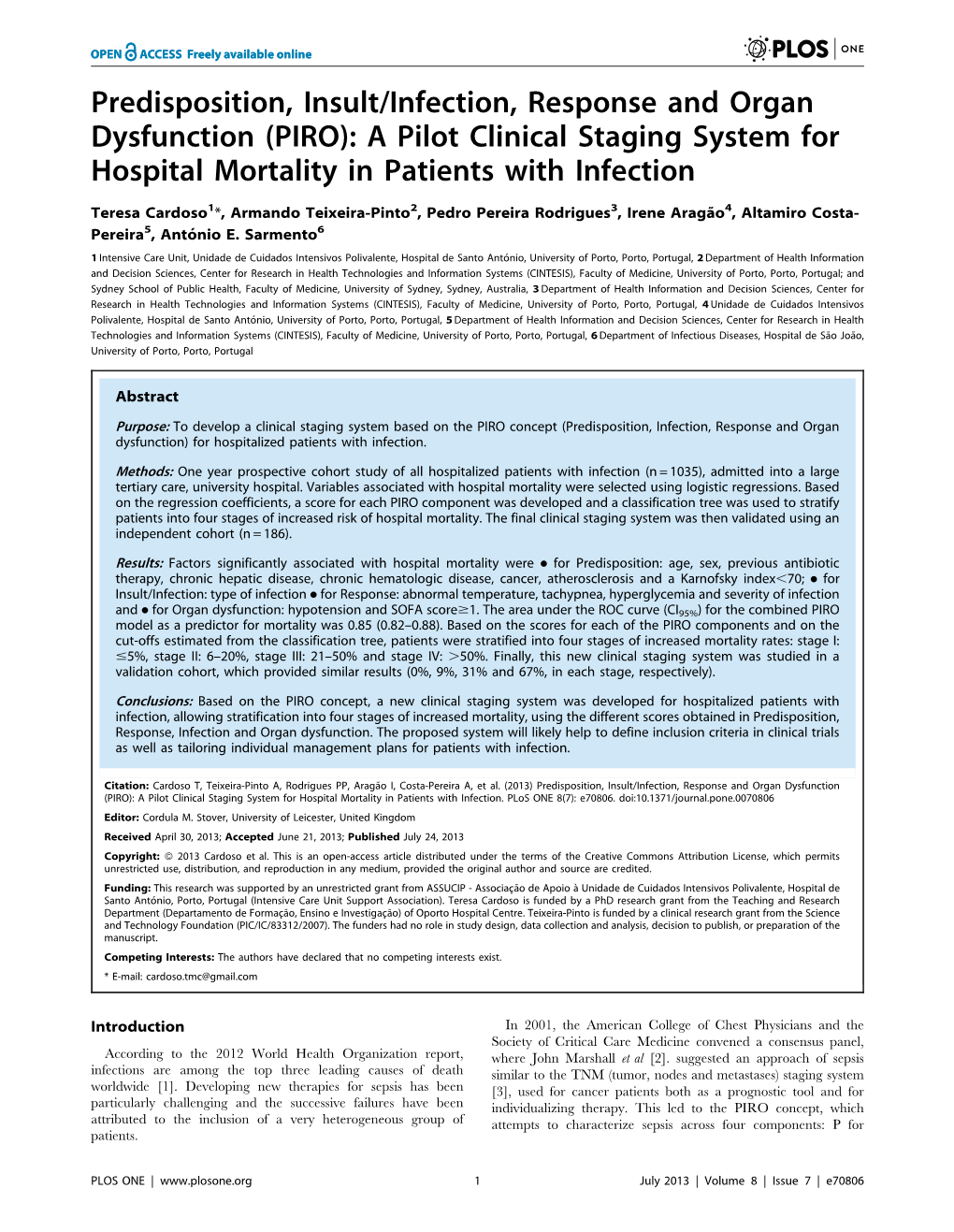 Predisposition, Insult/Infection, Response and Organ Dysfunction (PIRO): a Pilot Clinical Staging System for Hospital Mortality in Patients with Infection