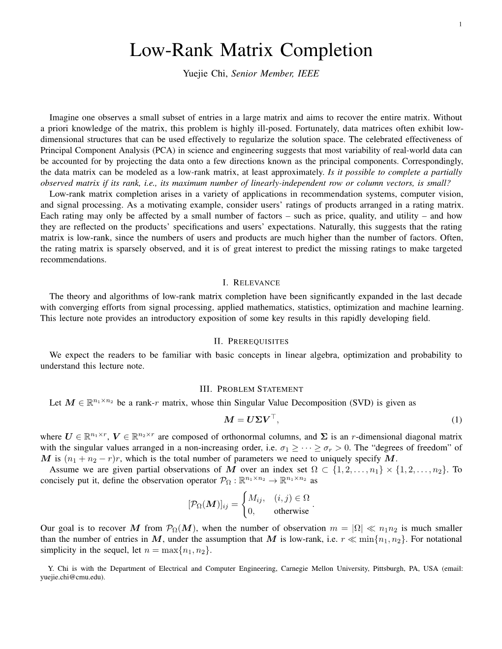 Low-Rank Matrix Completion Yuejie Chi, Senior Member, IEEE