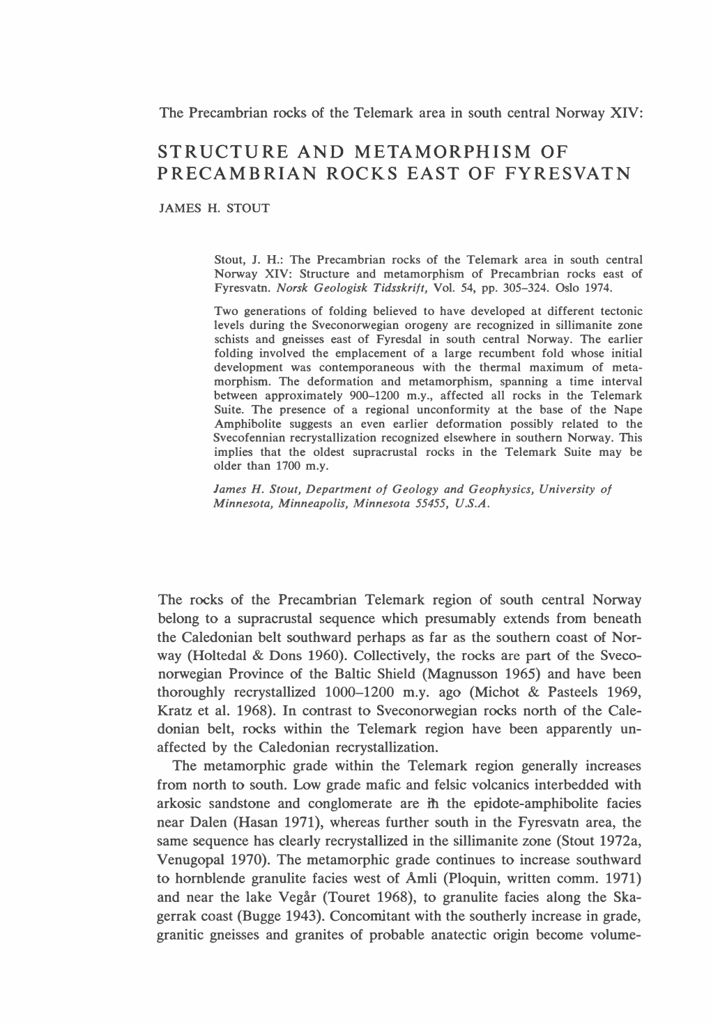 Structure and Metamorphism of Precambrian Rocks East of Fyresvatn