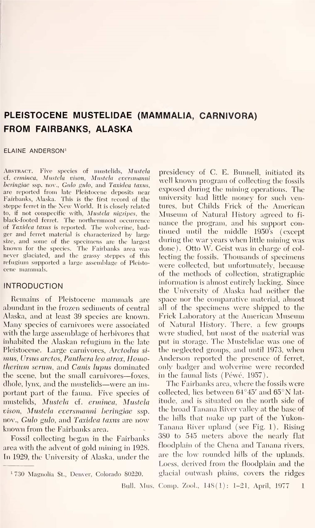 Pleistocene Mustelidae (Mammalia, Carnivora) from Fairbanks, Alaska