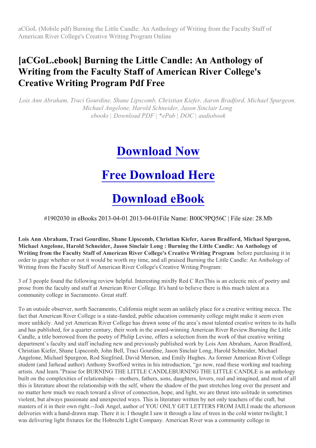 Burning the Little Candle: an Anthology of Writing from the Faculty Staff of American River College's Creative Writing Program Online