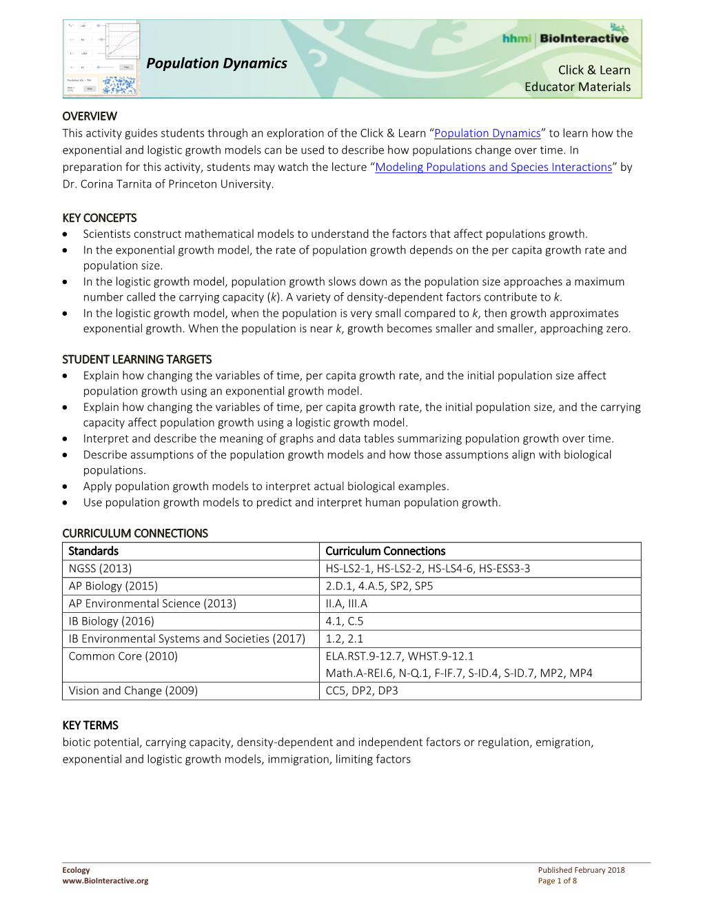 Population Dynamics Click & Learn Educator Materials