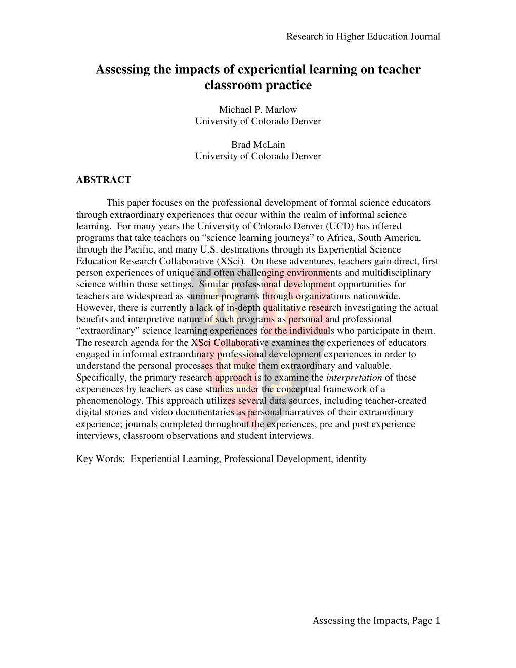 Assessing the Impacts of Experiential Learning on Teacher Classroom Practice