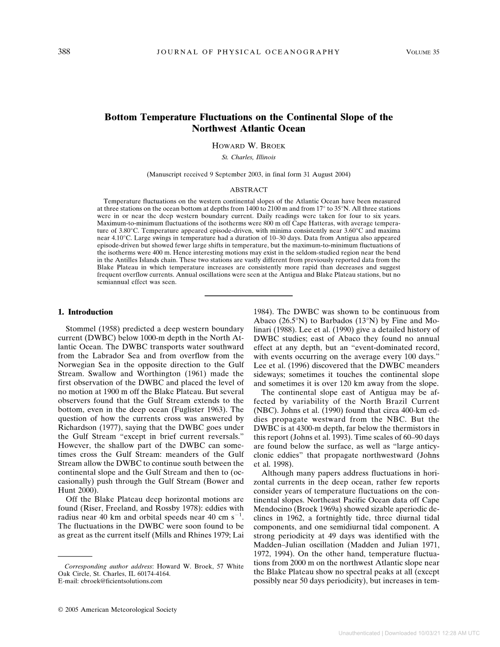 Bottom Temperature Fluctuations on the Continental Slope of the Northwest Atlantic Ocean