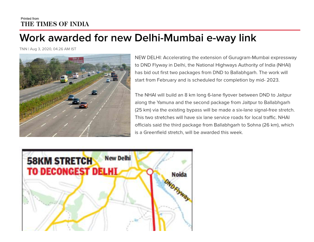 Work Awarded for New Delhi-Mumbai E-Way Link