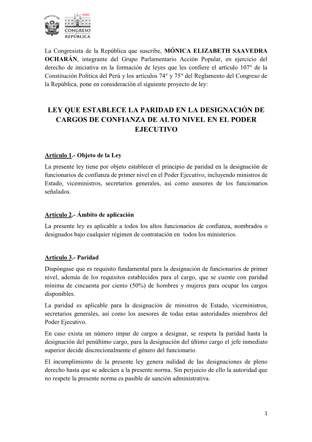 Ley Que Establece La Paridad En La Designación De Cargos De Confianza De Alto Nivel En El Poder Ejecutivo