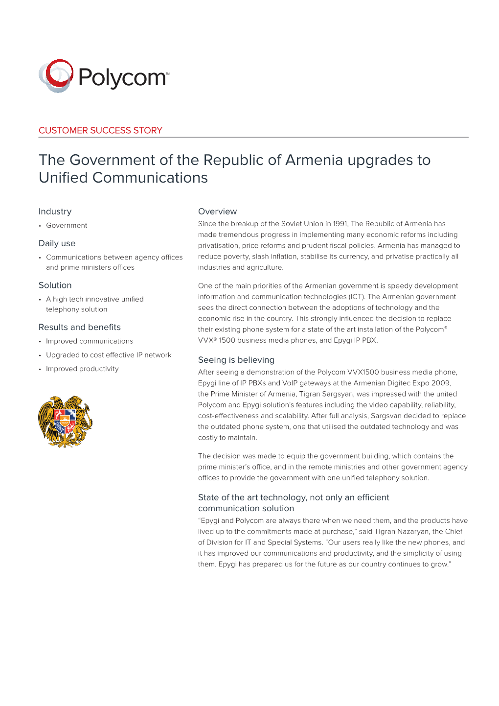 The Government of the Republic of Armenia Upgrades to Unified Communications