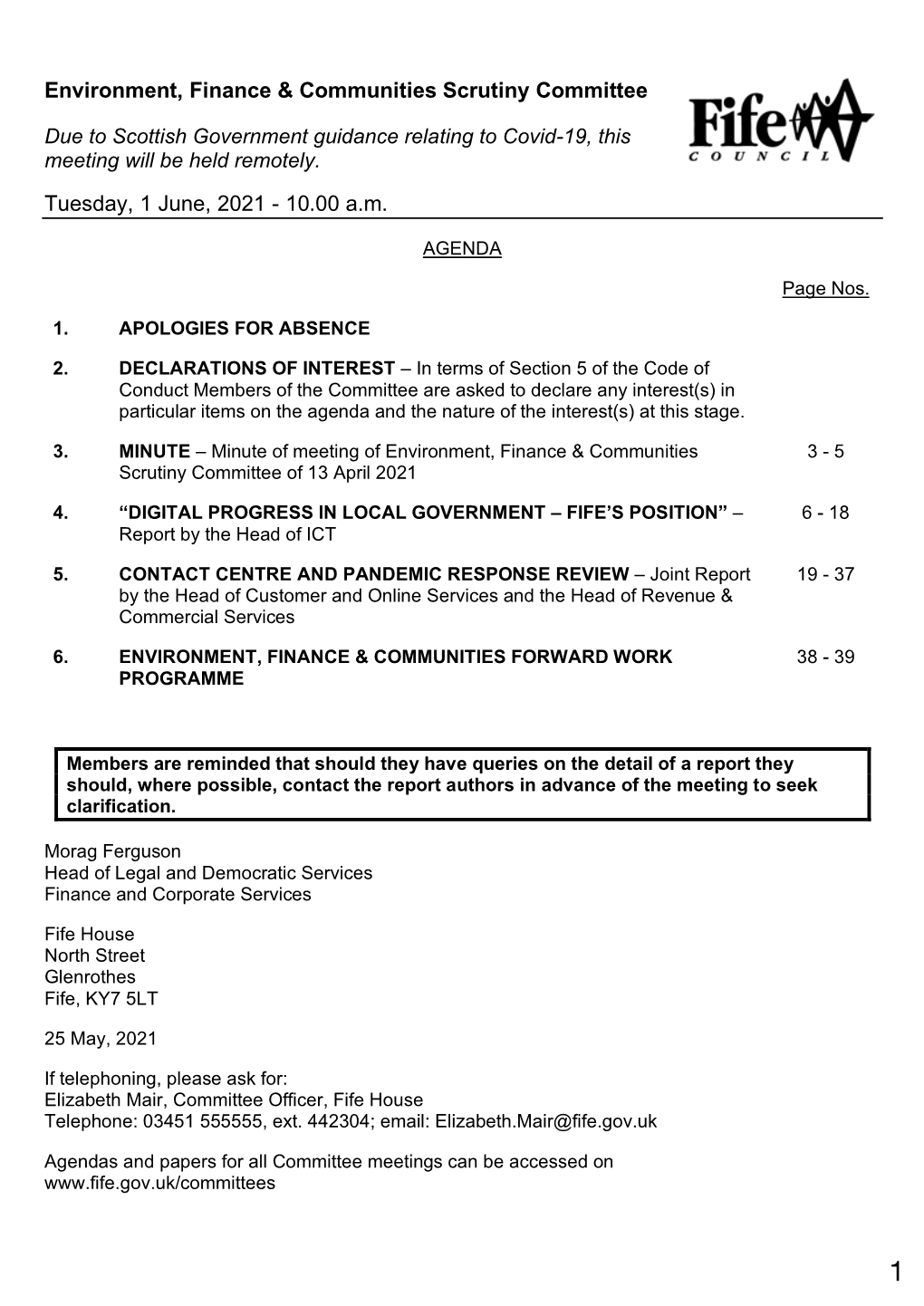 Environment, Finance & Communities Scrutiny Committee Tuesday, 1