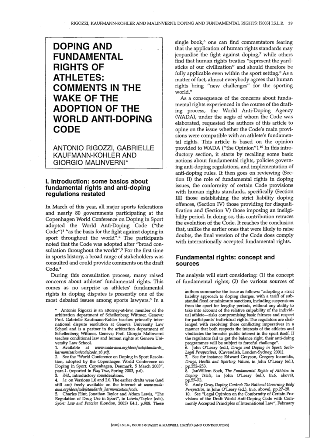 DOPING and FUNDAMENTAL RIGHTS: [2003] L.S.L.R
