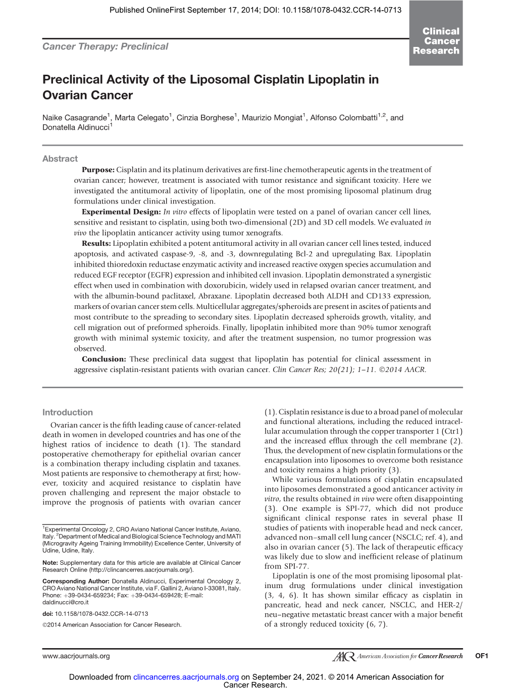 Preclinical Activity of the Liposomal Cisplatin Lipoplatin in Ovarian Cancer