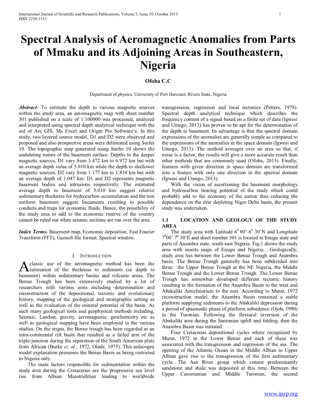 Spectral Analysis of Aeromagnetic Anomalies from Parts of Mmaku and Its Adjoining Areas in Southeastern, Nigeria