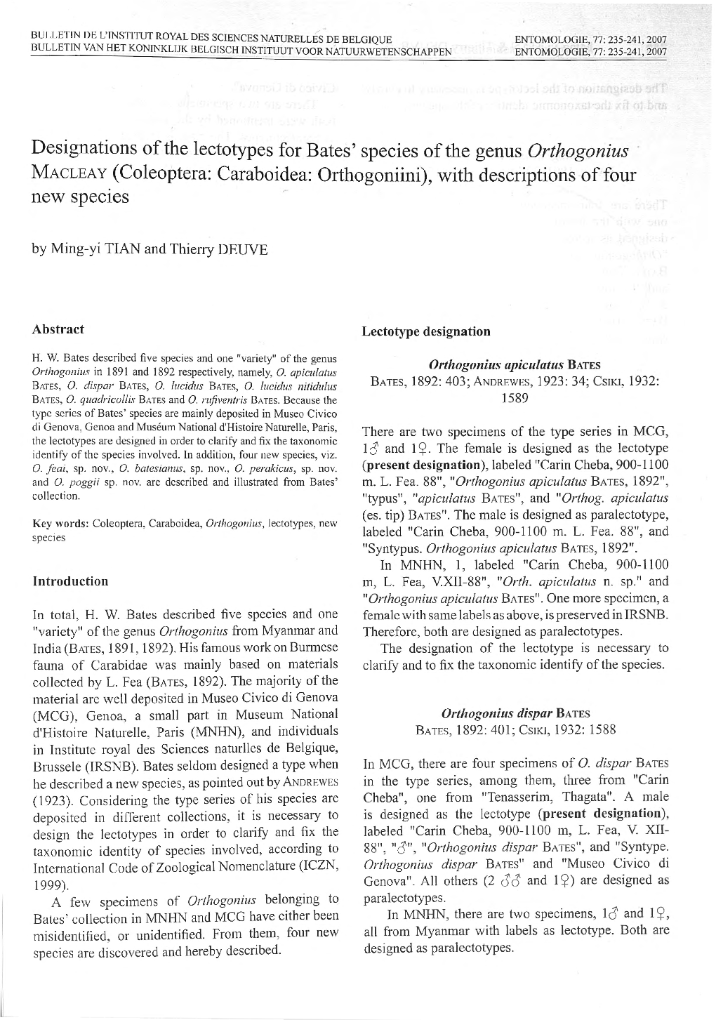 (Coleoptera: Caraboidea: Orthogoniini), with Descriptions of Four New Species by Ming-Yi TIAN and Thierry DEUVE