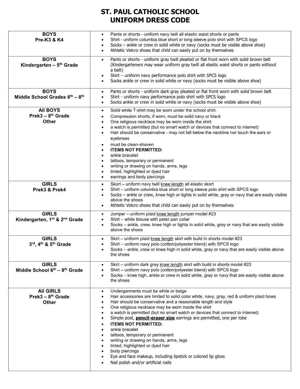 St. Paul Catholic School Uniform Dress Code