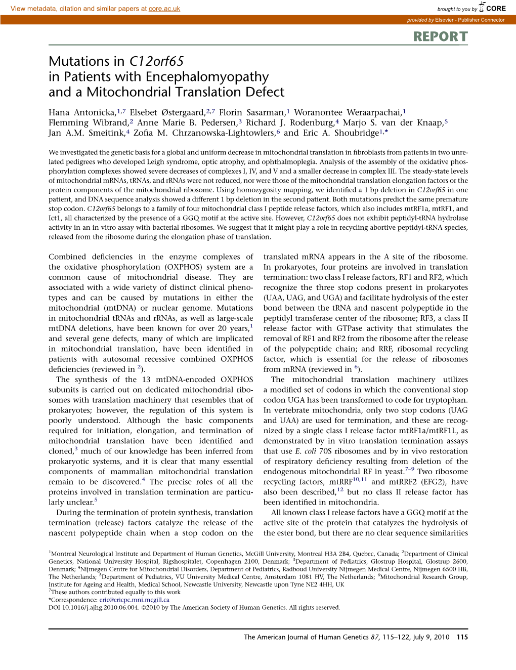 Mutations in C12orf65 in Patients with Encephalomyopathy and a Mitochondrial Translation Defect