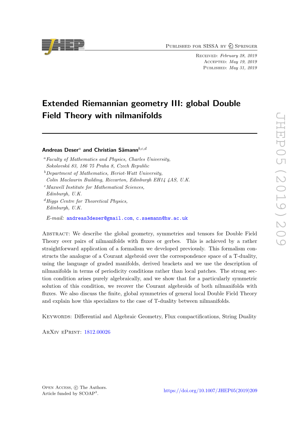 Extended Riemannian Geometry III: Global Double Field Theory With