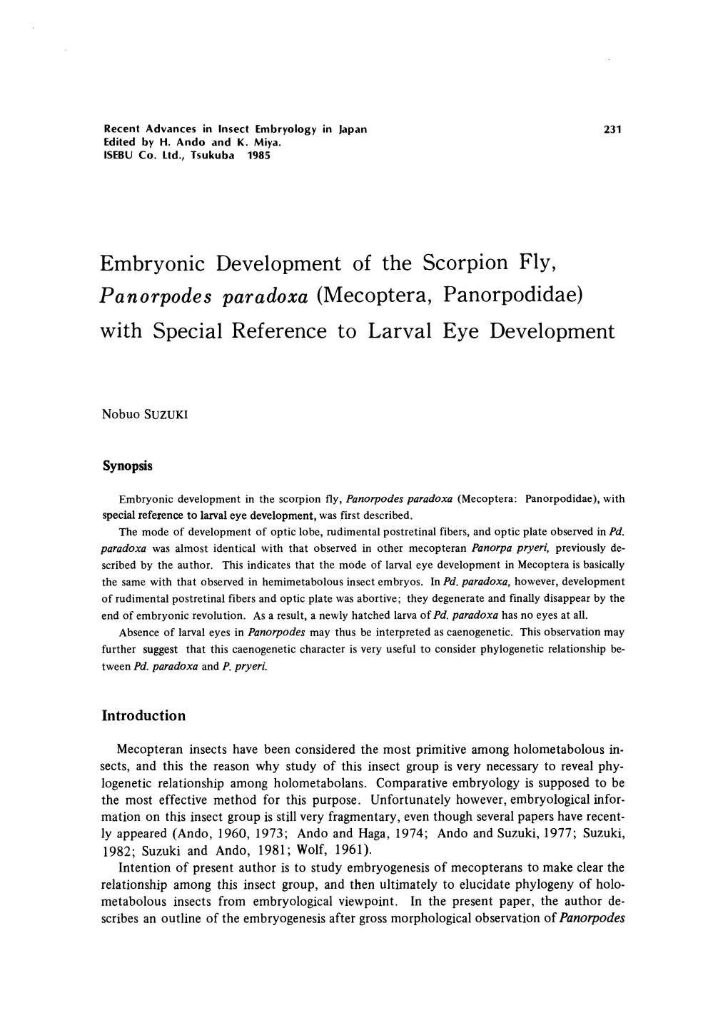 Embryonic Development of the Scorpion Fly, Panorpodes Paradoxa (Mecoptera, Panorpodidae) with Special Reference to Larval Eye Development