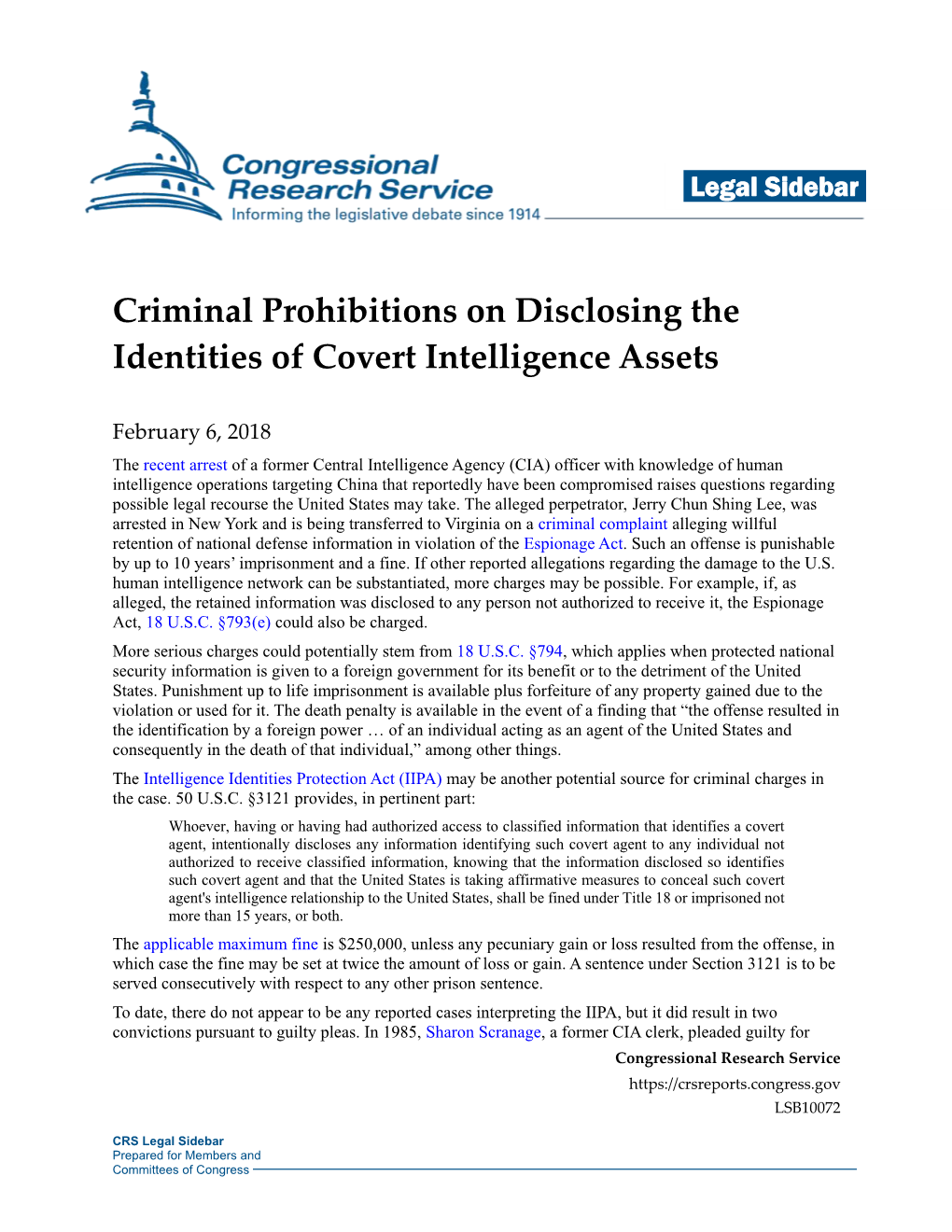 Criminal Prohibitions on Disclosing the Identities of Covert Intelligence Assets