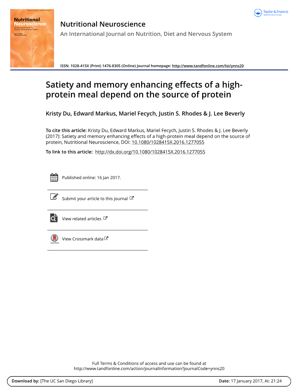 Satiety and Memory Enhancing Effects of a High-Protein Meal Depend on the Source of Protein, Nutritional Neuroscience, DOI: 10.1080/1028415X.2016.1277055