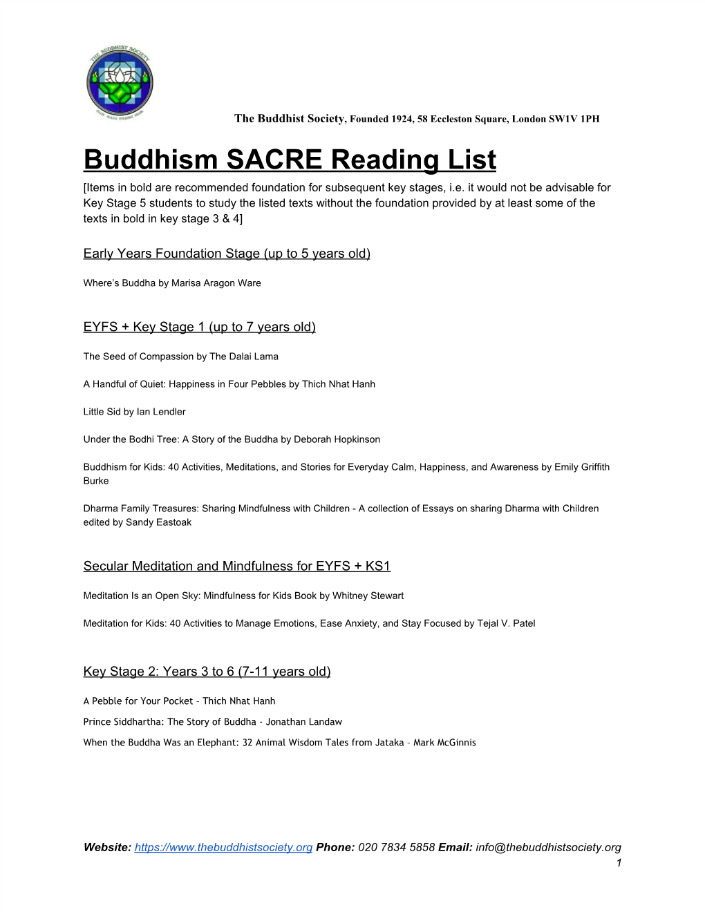 SACRE Reading List [Items in Bold Are Recommended Foundation for Subsequent Key Stages, I.E