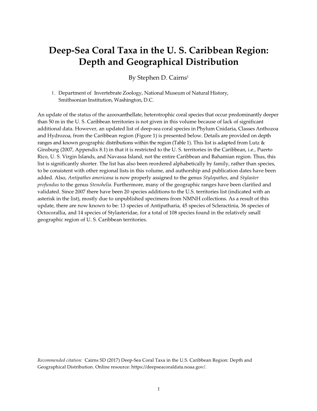 Deep-Sea Coral Taxa in the U. S. Caribbean Region: Depth and Geographical Distribution