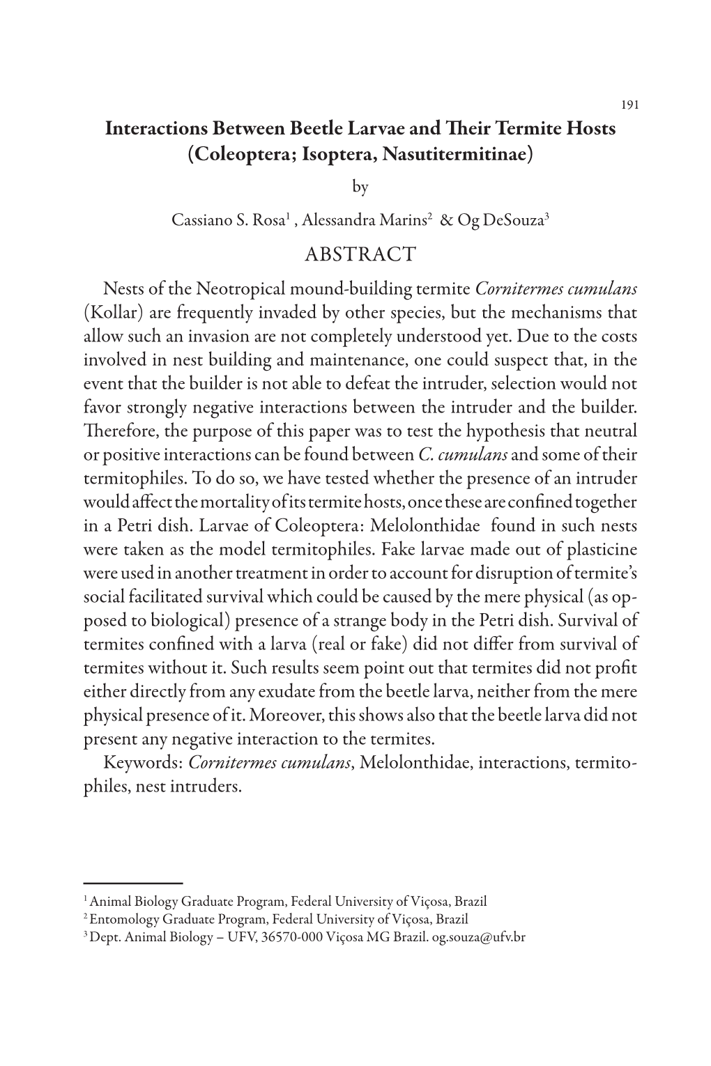 Interactions Between Beetle Larvae and Their Termite Hosts (Coleoptera; Isoptera, Nasutitermitinae) by Cassiano S