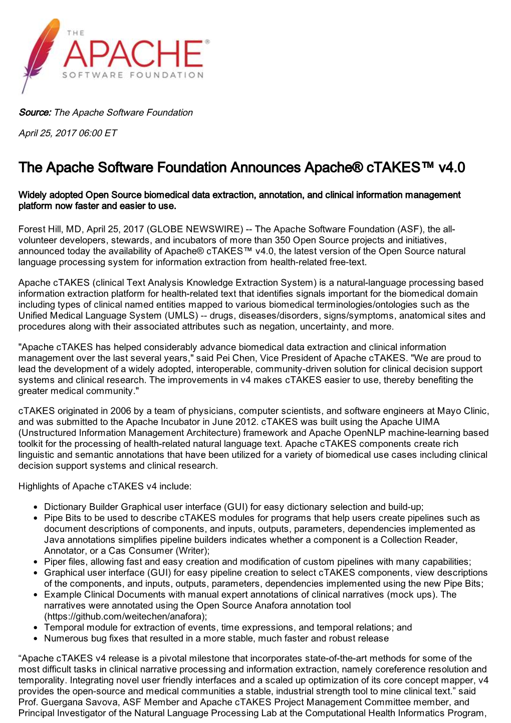 The Apache Software Foundation Announces Apache® Ctakes™ V4.0