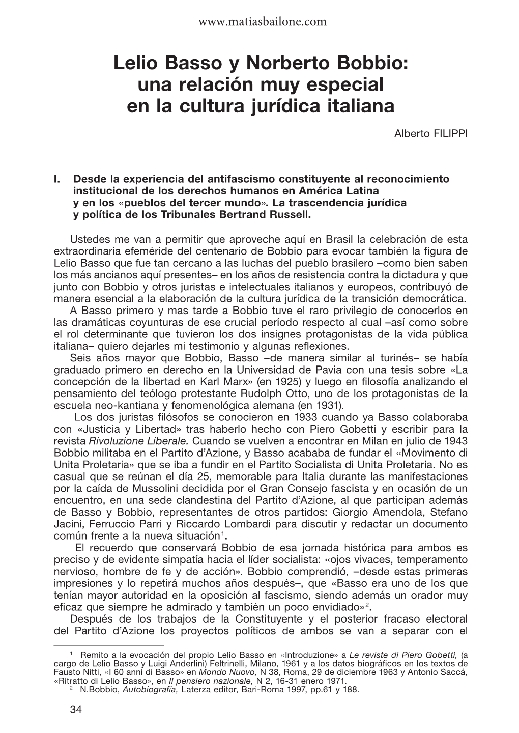 Lelio Basso Y Norberto Bobbio: Una Relación Muy Especial En La Cultura Jurídica Italiana