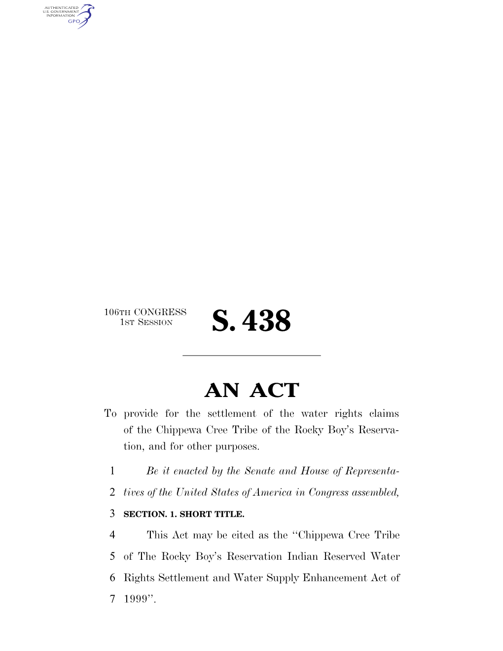 Title I—Chippewa Cree Tribe 10 of the Rocky Boy’S Res- 11 Ervation Indian Reserved 12 Water Rights Settlement