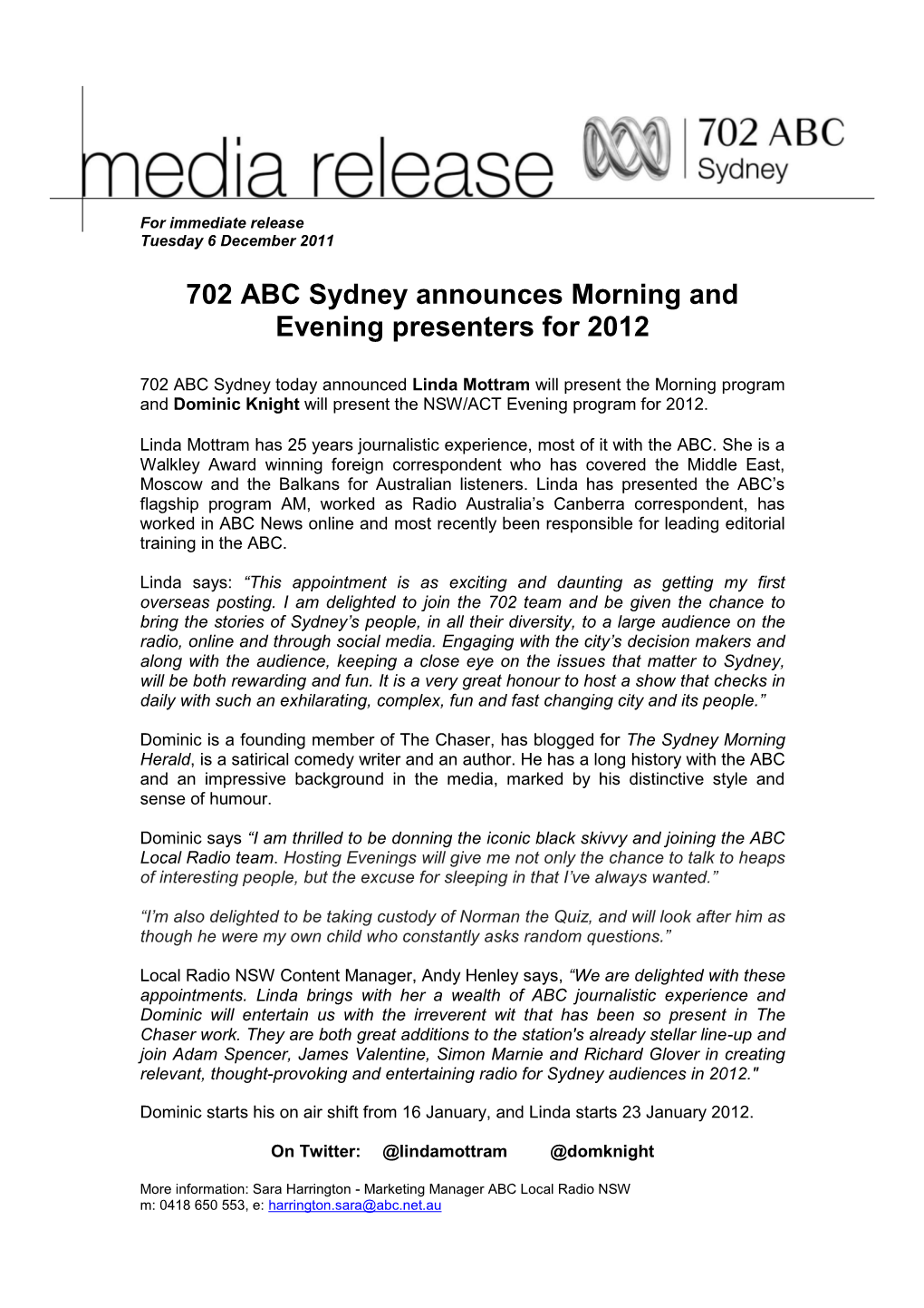 702 ABC Sydney Announces Morning and Evening Presenters for 2012