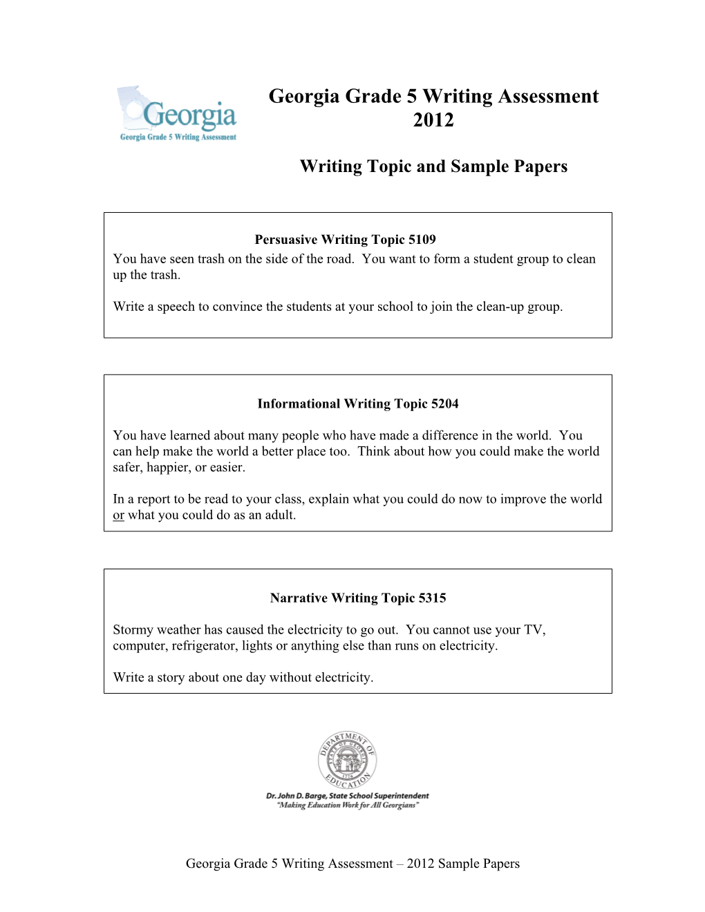 Georgia Grade 5 Writing Assessment 2012