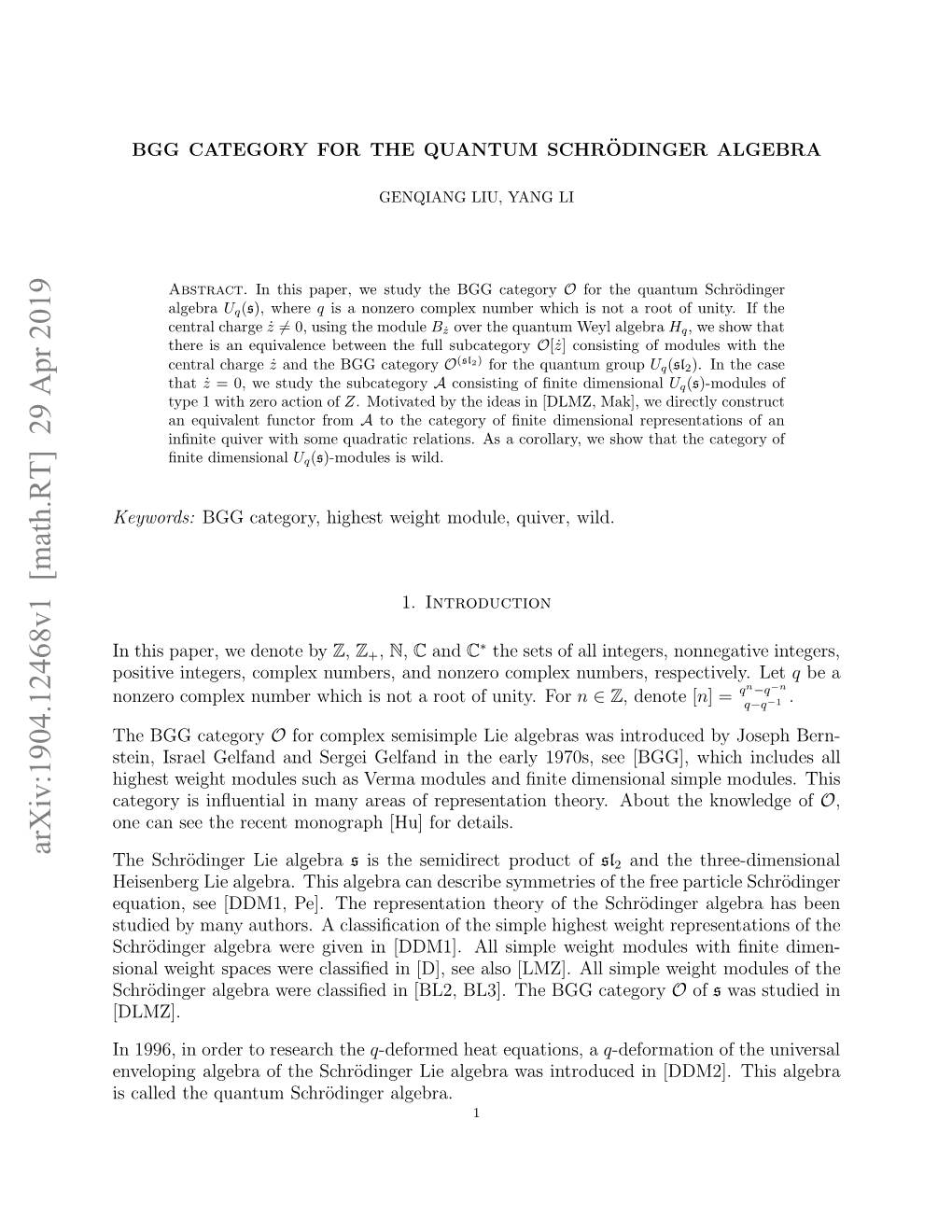 Arxiv:1904.12468V1 [Math.RT] 29 Apr 2019 Ozr Ope Ubrwihi O Oto Nt.For Unity