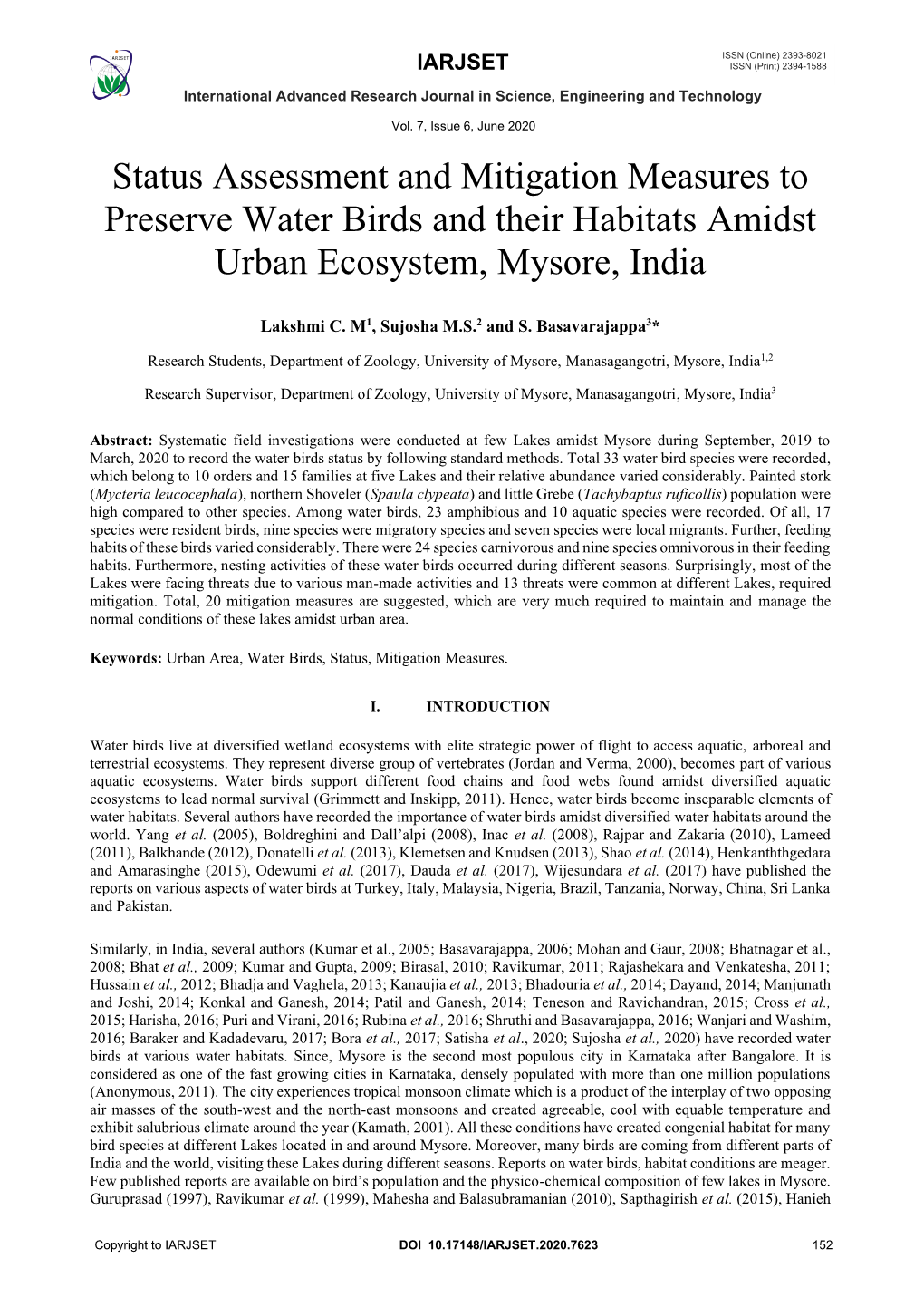 Status Assessment and Mitigation Measures to Preserve Water Birds and Their Habitats Amidst Urban Ecosystem, Mysore, India