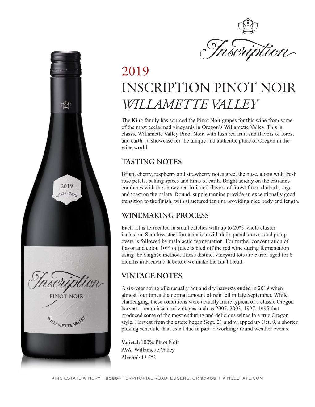 2019 Inscription Willamette Valley Pinot Noir