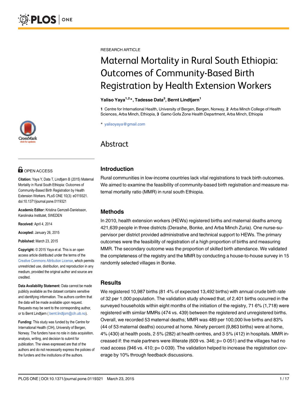 Maternal Mortality in Rural South Ethiopia: Outcomes of Community-Based Birth Registration by Health Extension Workers