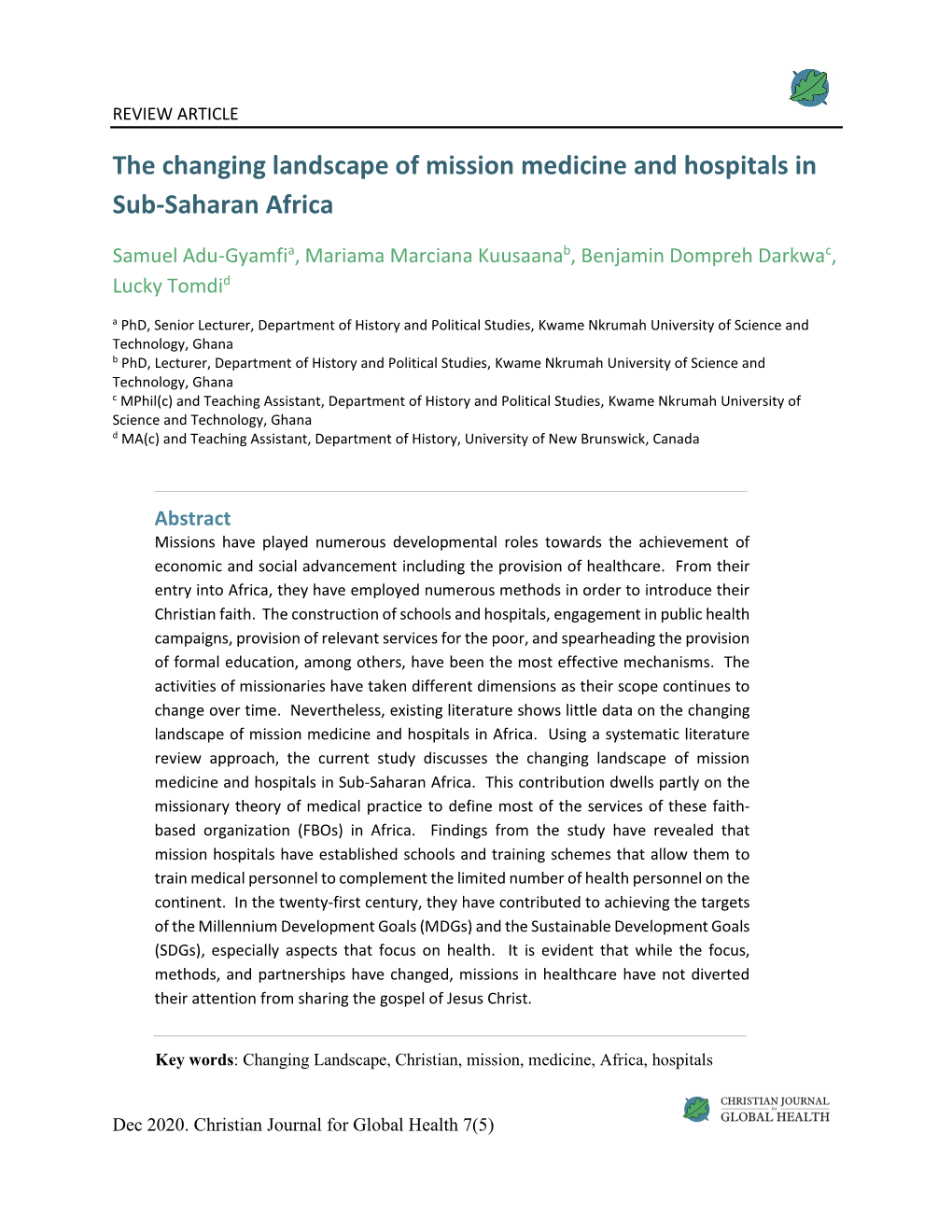 The Changing Landscape of Mission Medicine and Hospitals in Sub-Saharan Africa