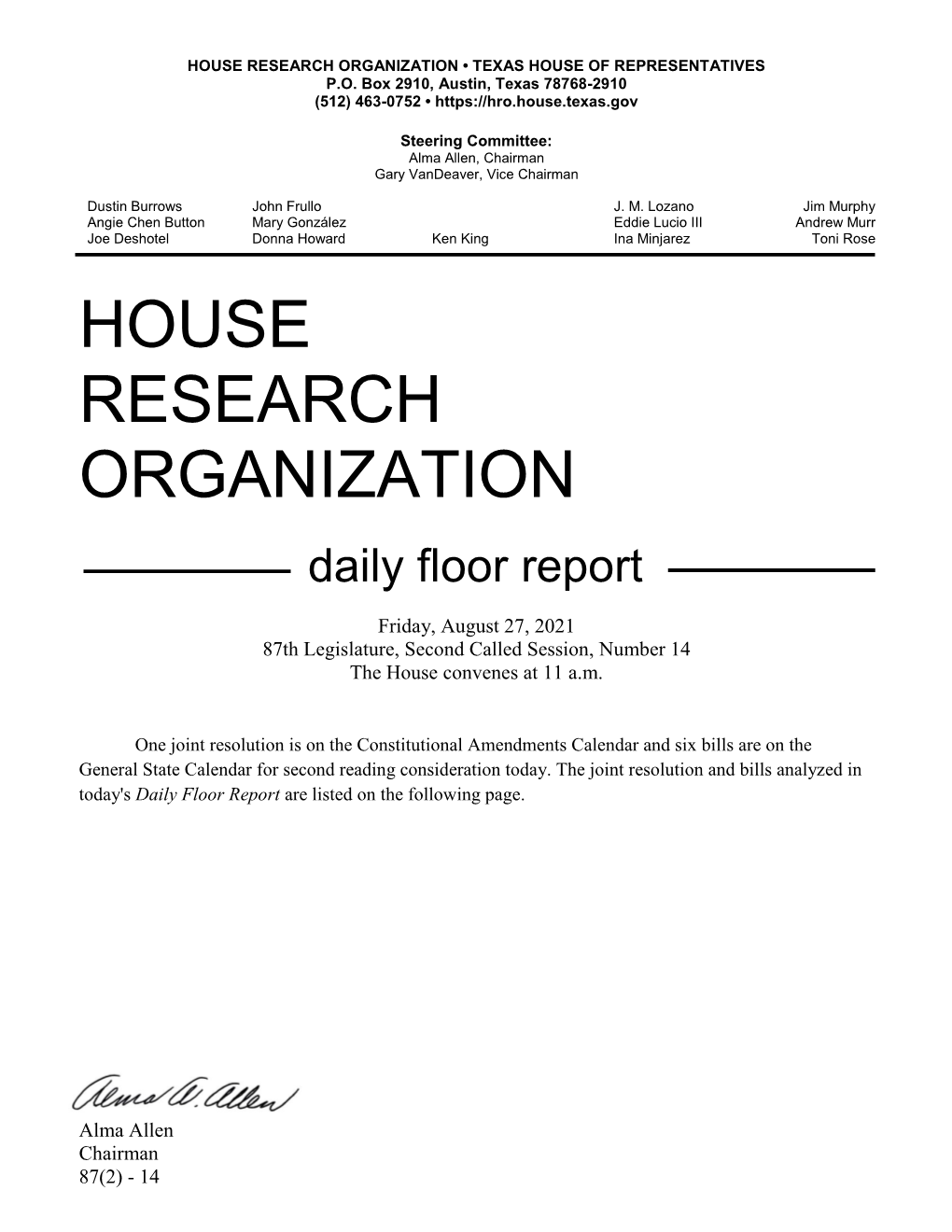 House Research Organization • Texas House of Representatives P.O