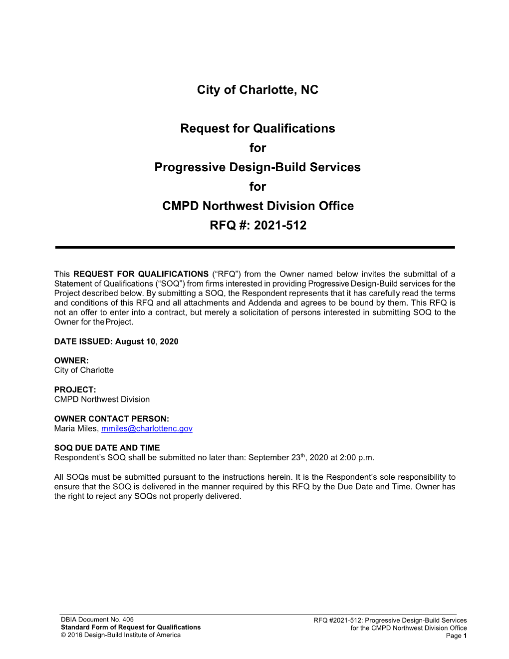 City of Charlotte, NC Request for Qualifications For