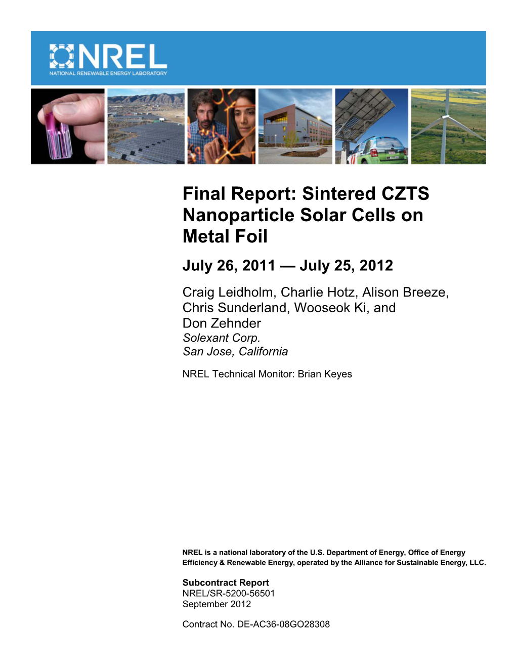 Final Report: Sintered CZTS Nanoparticle Solar Cells on Metal Foil