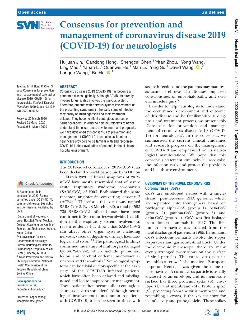 Consensus for Prevention and Management of Coronavirus Disease 2019 (COVID-19) for Neurologists