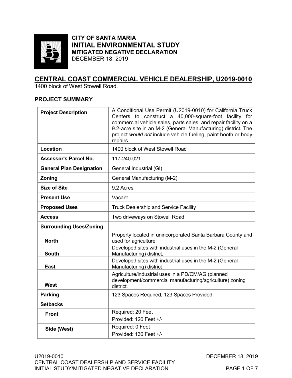 Initial Environmental Study Central Coast Commercial