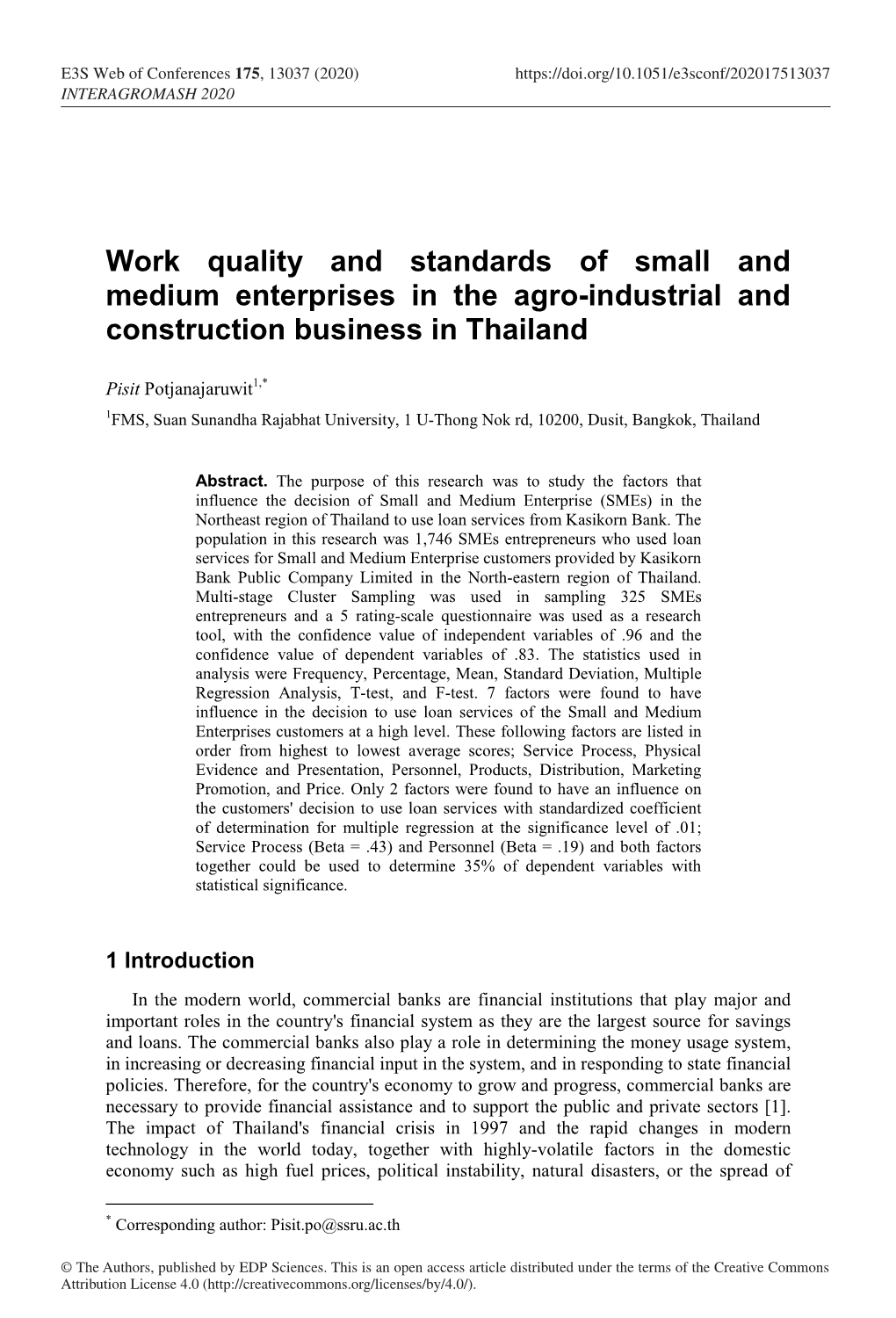 Work Quality and Standards of Small and Medium Enterprises in the Agro-Industrial and Construction Business in Thailand