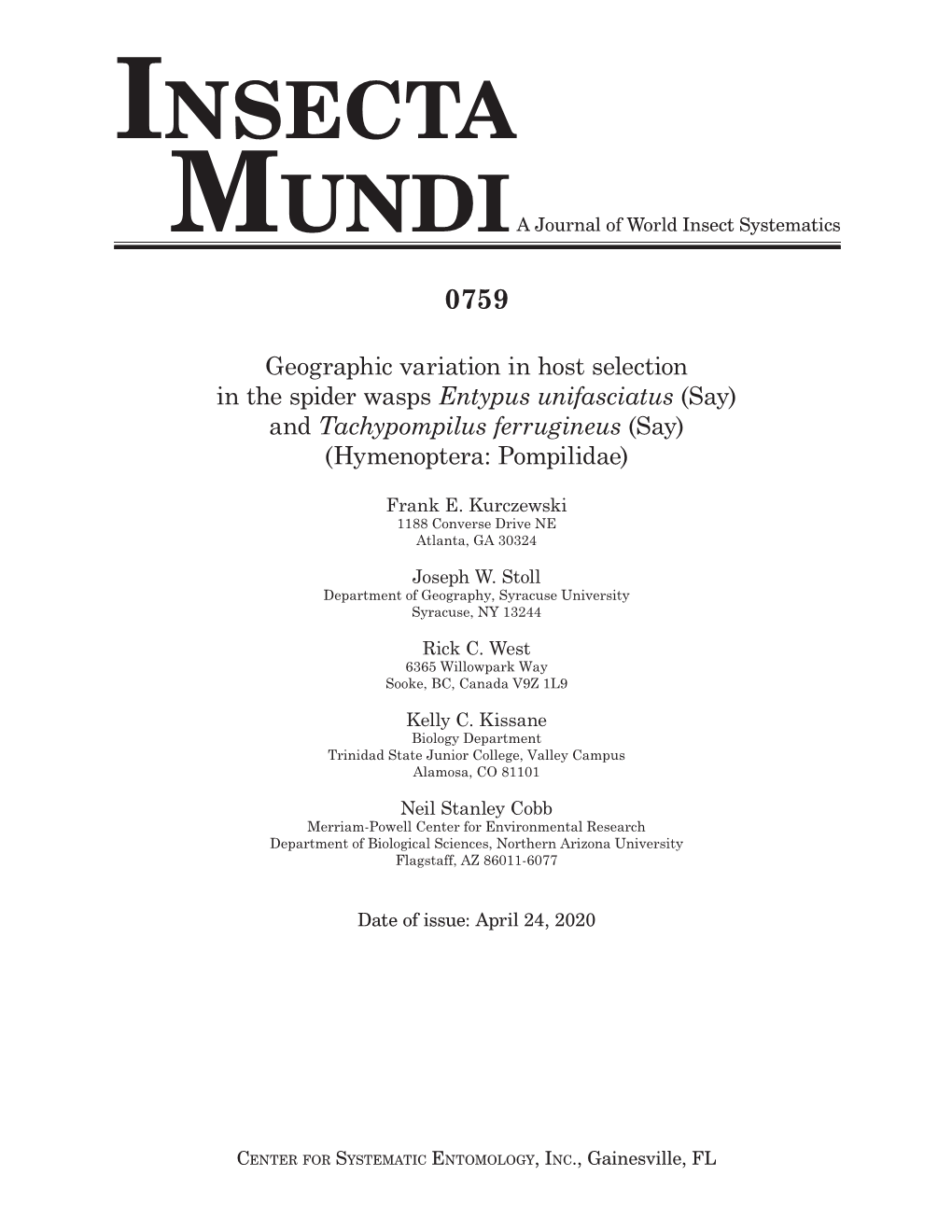 Insecta Mundia Journal of World Insect Systematics